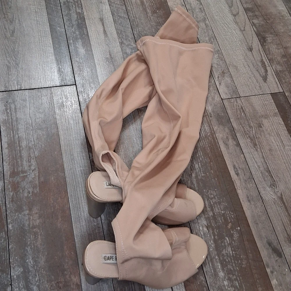 CAPE ROBBIN Connie Tan Thigh High Sock Peep Toe Y2K Block Heel Boots Size 8.5